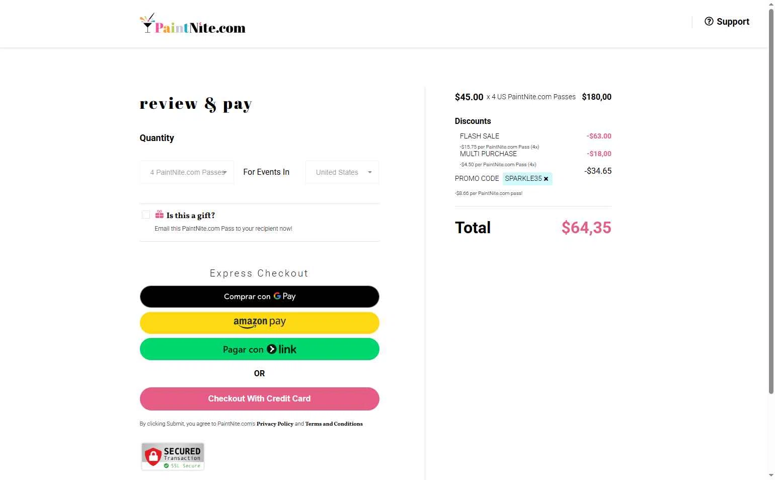 Paint Nite checkout page showing Paint Nite promo code box | Screenshot taken by SimplyCodes community member on Nov 30, 2025