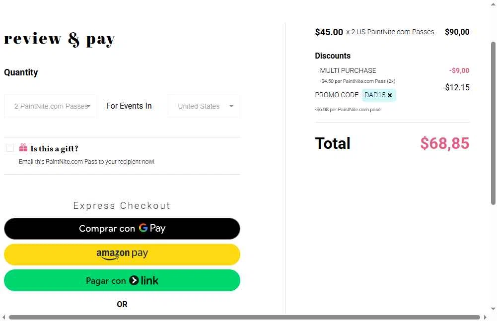 Paint Nite checkout page showing Paint Nite promo code box | Screenshot taken by SimplyCodes community member on Oct 3, 2025
