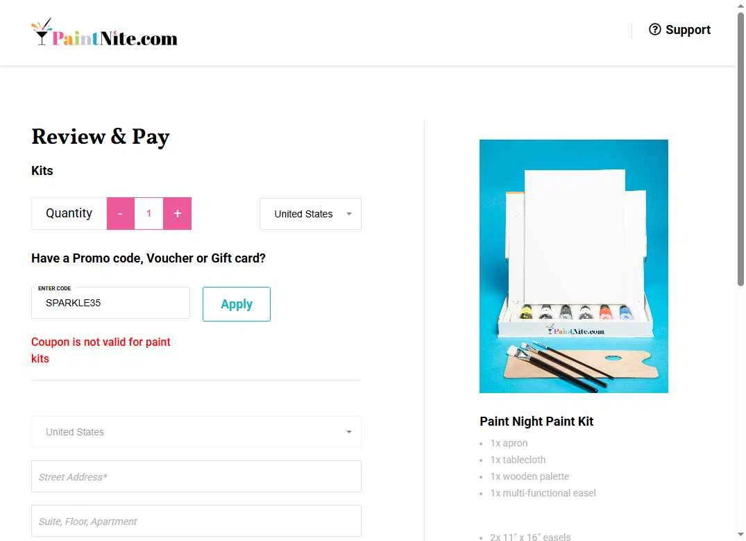 Paint Nite checkout page showing Paint Nite promo code box | Screenshot taken by SimplyCodes community member on Dec 29, 2025