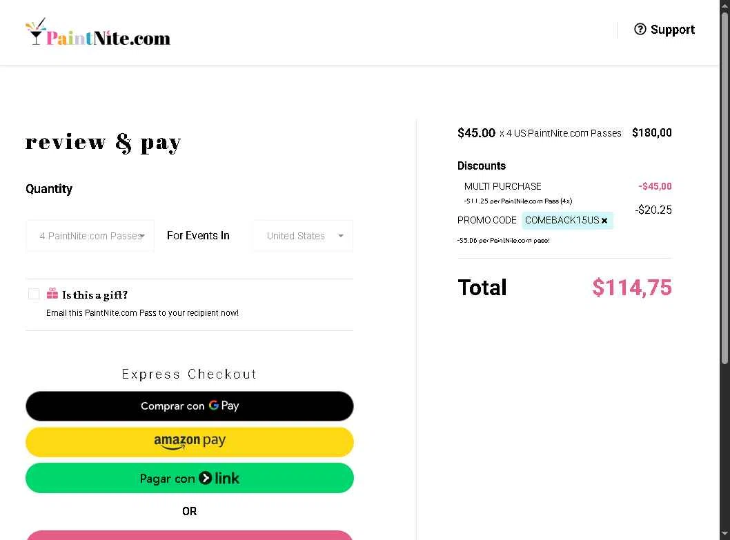 Paint Nite checkout page showing Paint Nite promo code box | Screenshot taken by SimplyCodes community member on Jan 22, 2026