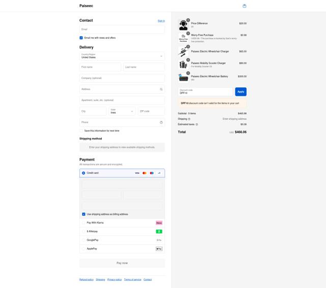 Paiseec checkout page showing Paiseec promo code box | Screenshot taken by SimplyCodes community member on Sep 12, 2025