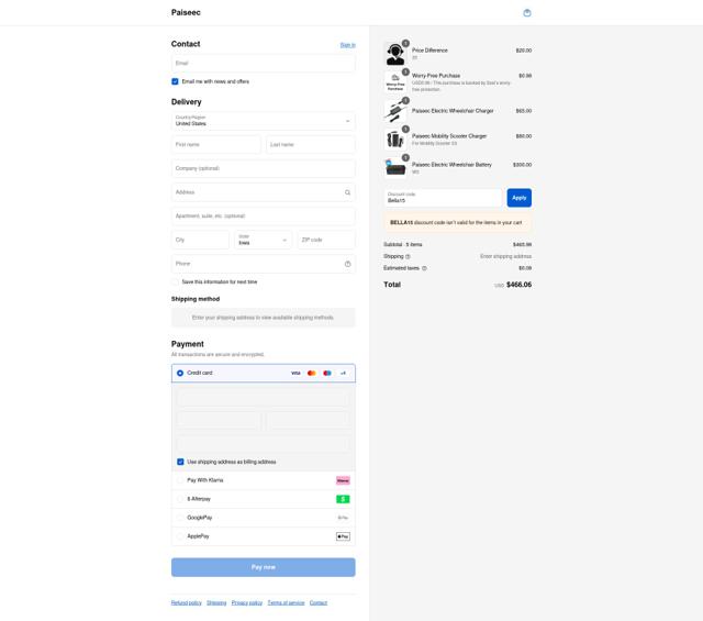 Paiseec checkout page showing Paiseec promo code box | Screenshot taken by SimplyCodes community member on Sep 12, 2025