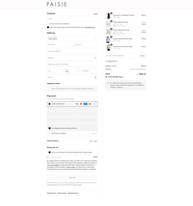 Paisie checkout page showing Paisie discount code box | Screenshot taken by SimplyCodes community member on Aug 26, 2025