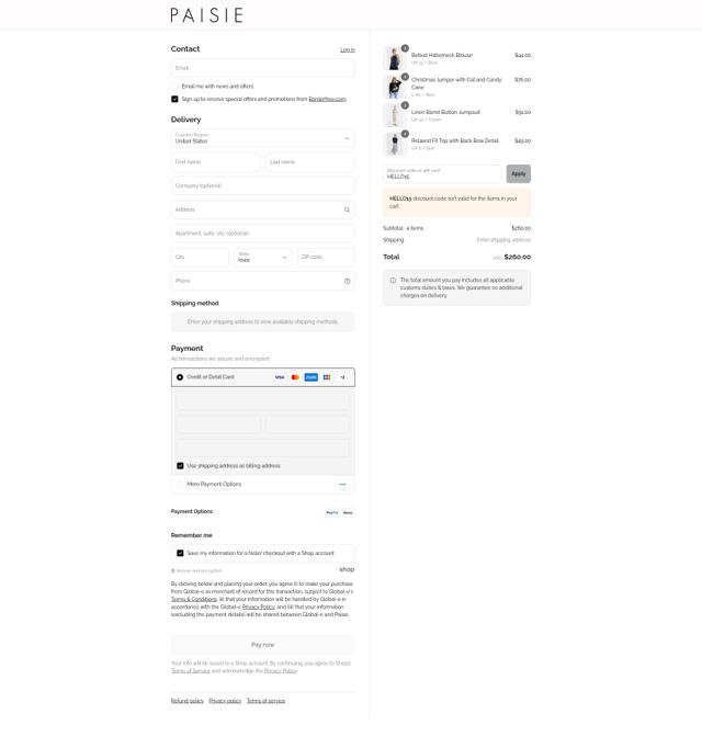 Paisie checkout page showing Paisie discount code box | Screenshot taken by SimplyCodes community member on Aug 22, 2025