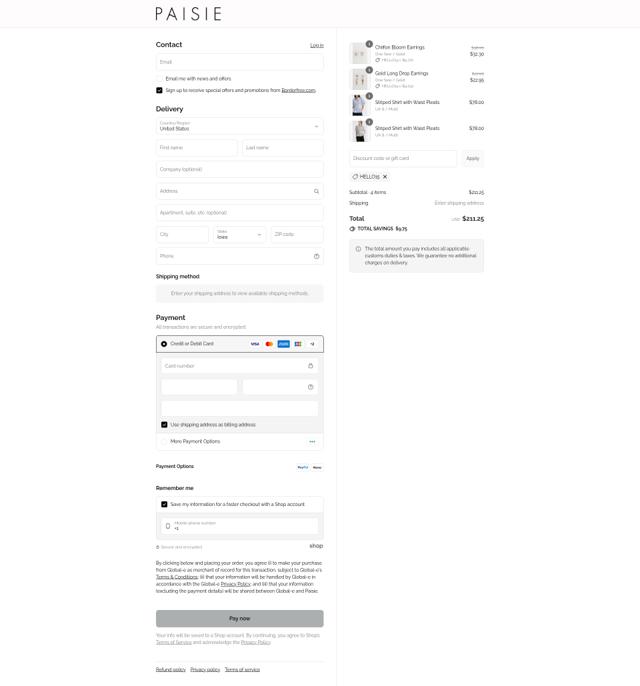 Paisie checkout page showing Paisie discount code box | Screenshot taken by SimplyCodes community member on Sep 7, 2025