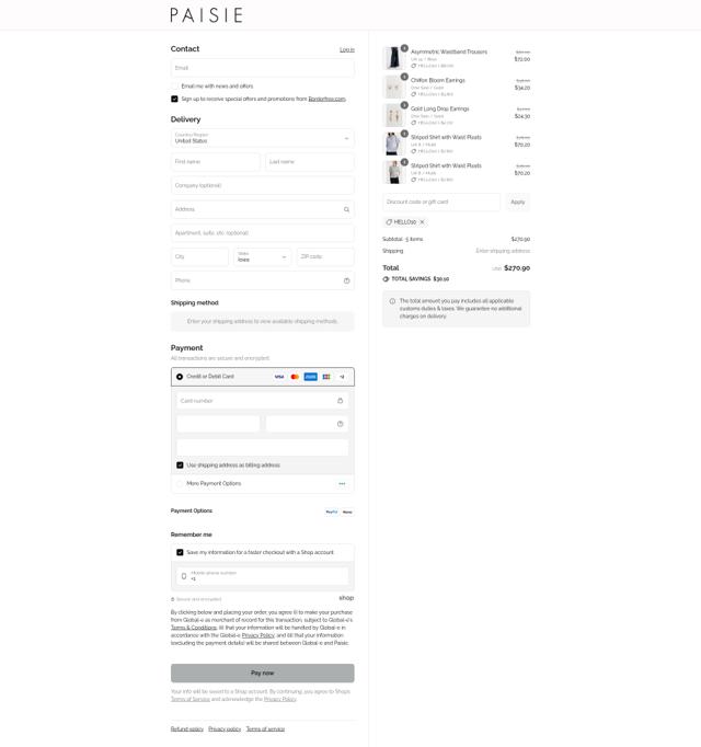 Paisie checkout page showing Paisie discount code box | Screenshot taken by SimplyCodes community member on Aug 30, 2025