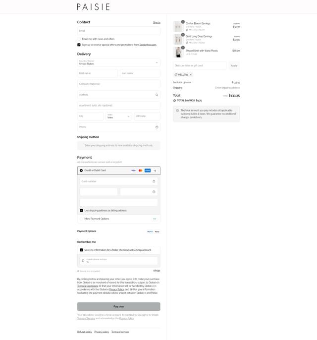 Paisie checkout page showing Paisie discount code box | Screenshot taken by SimplyCodes community member on Sep 11, 2025