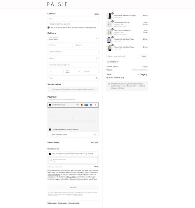 Paisie checkout page showing Paisie discount code box | Screenshot taken by SimplyCodes community member on Aug 30, 2025