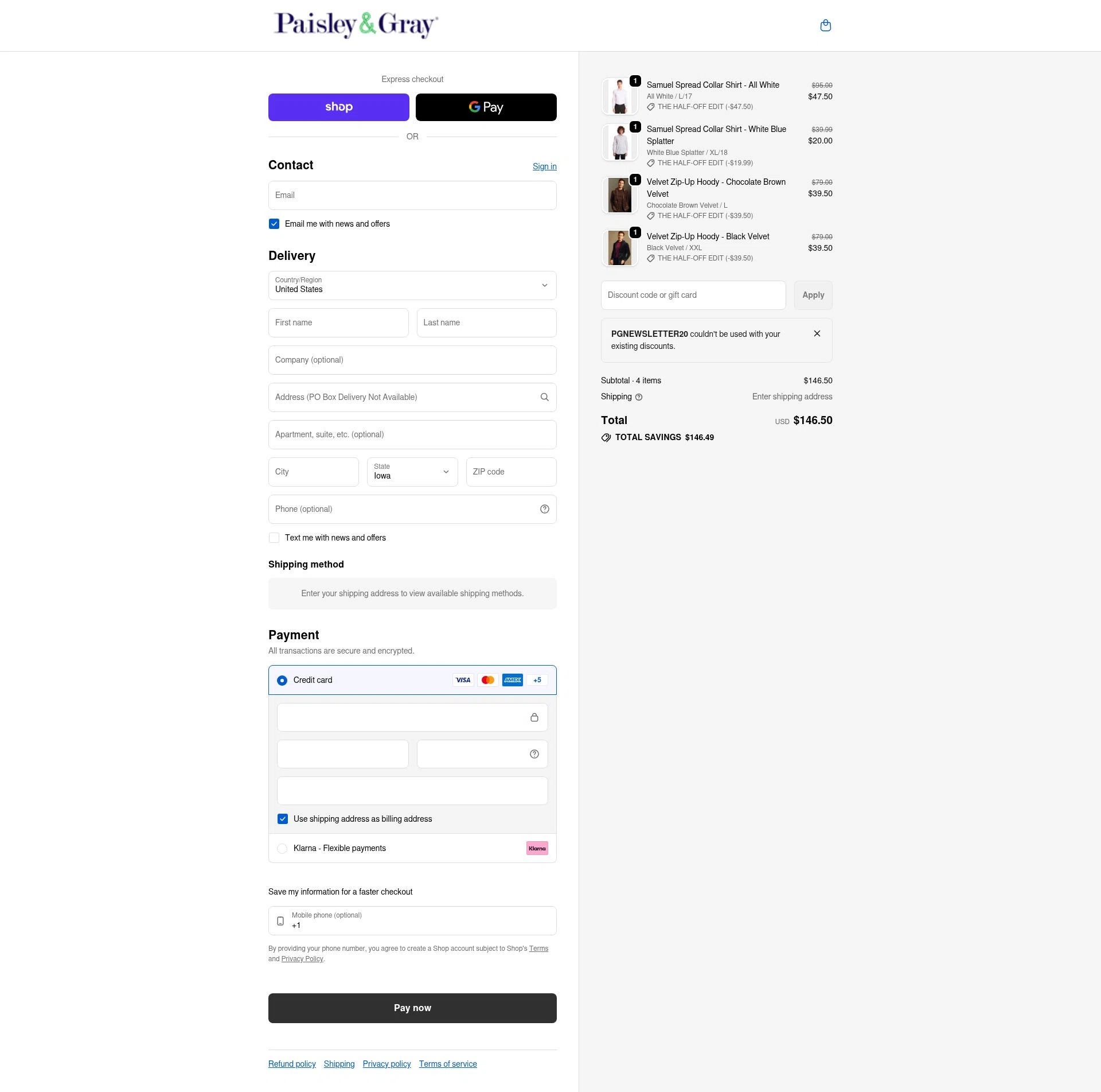 Paisley & Gray checkout page showing Paisley & Gray promo code box | Screenshot taken by SimplyCodes community member on Feb 20, 2026