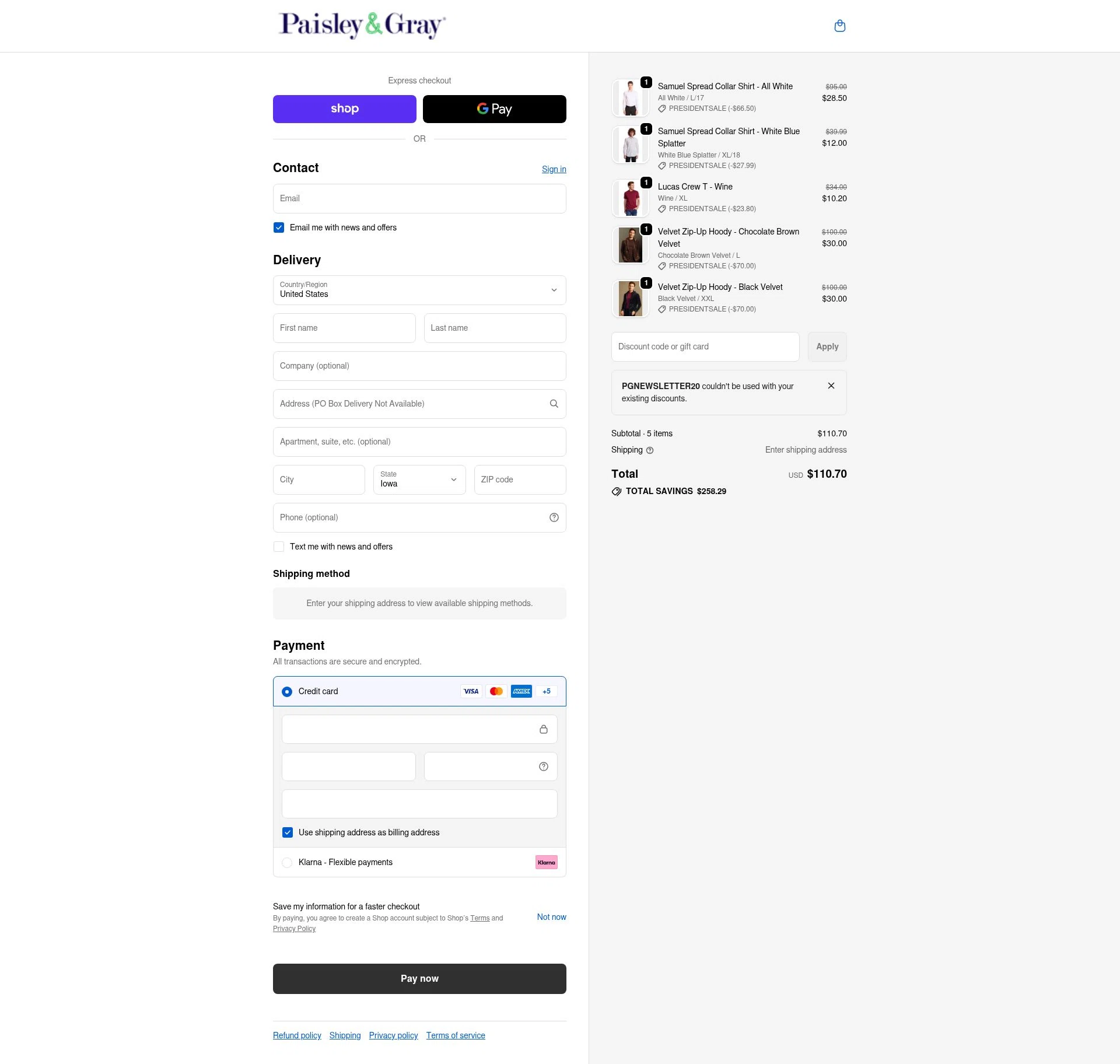 Paisley & Gray checkout page showing Paisley & Gray promo code box | Screenshot taken by SimplyCodes community member on Feb 16, 2026