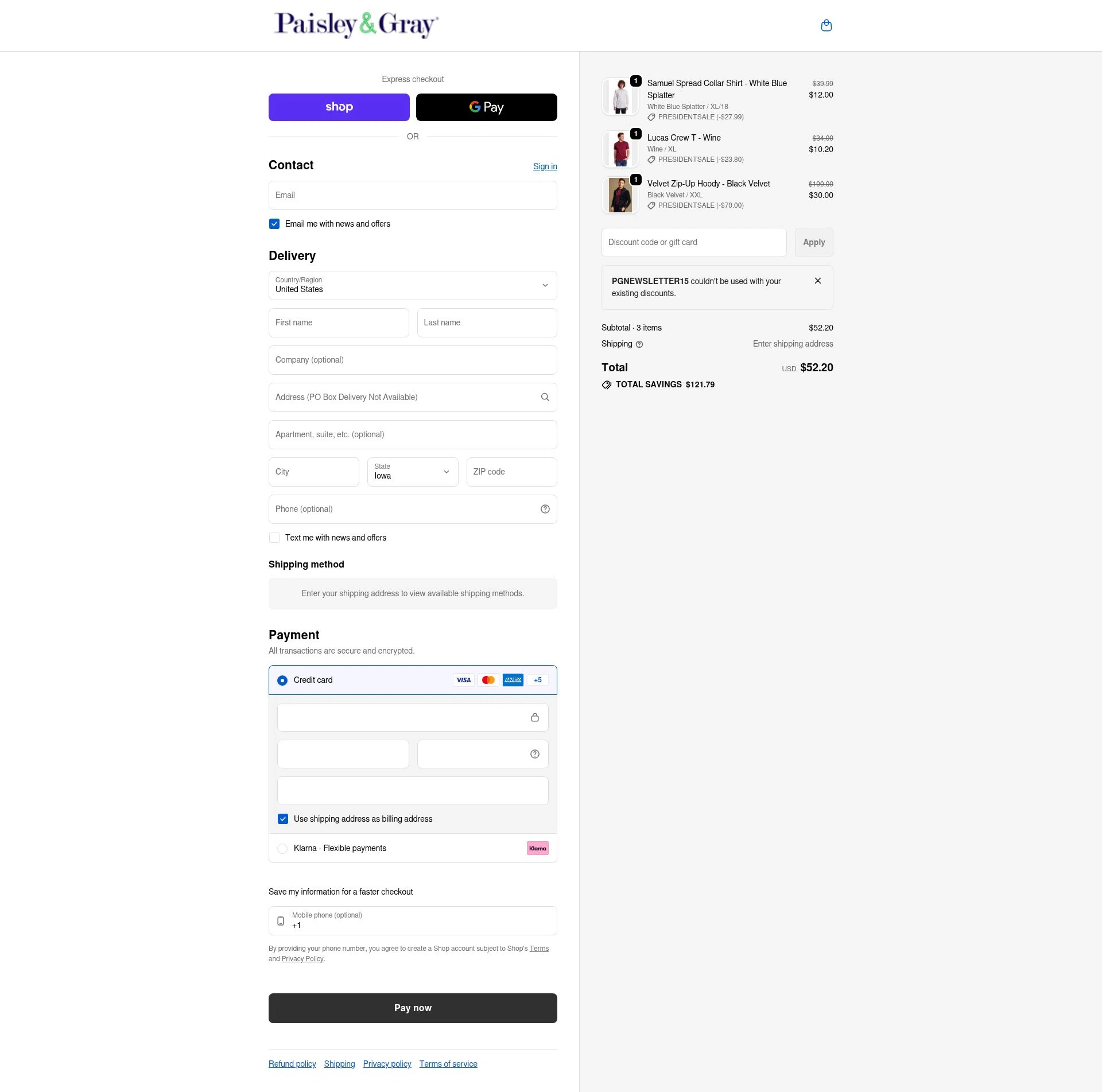 Paisley & Gray checkout page showing Paisley & Gray promo code box | Screenshot taken by SimplyCodes community member on Feb 11, 2026