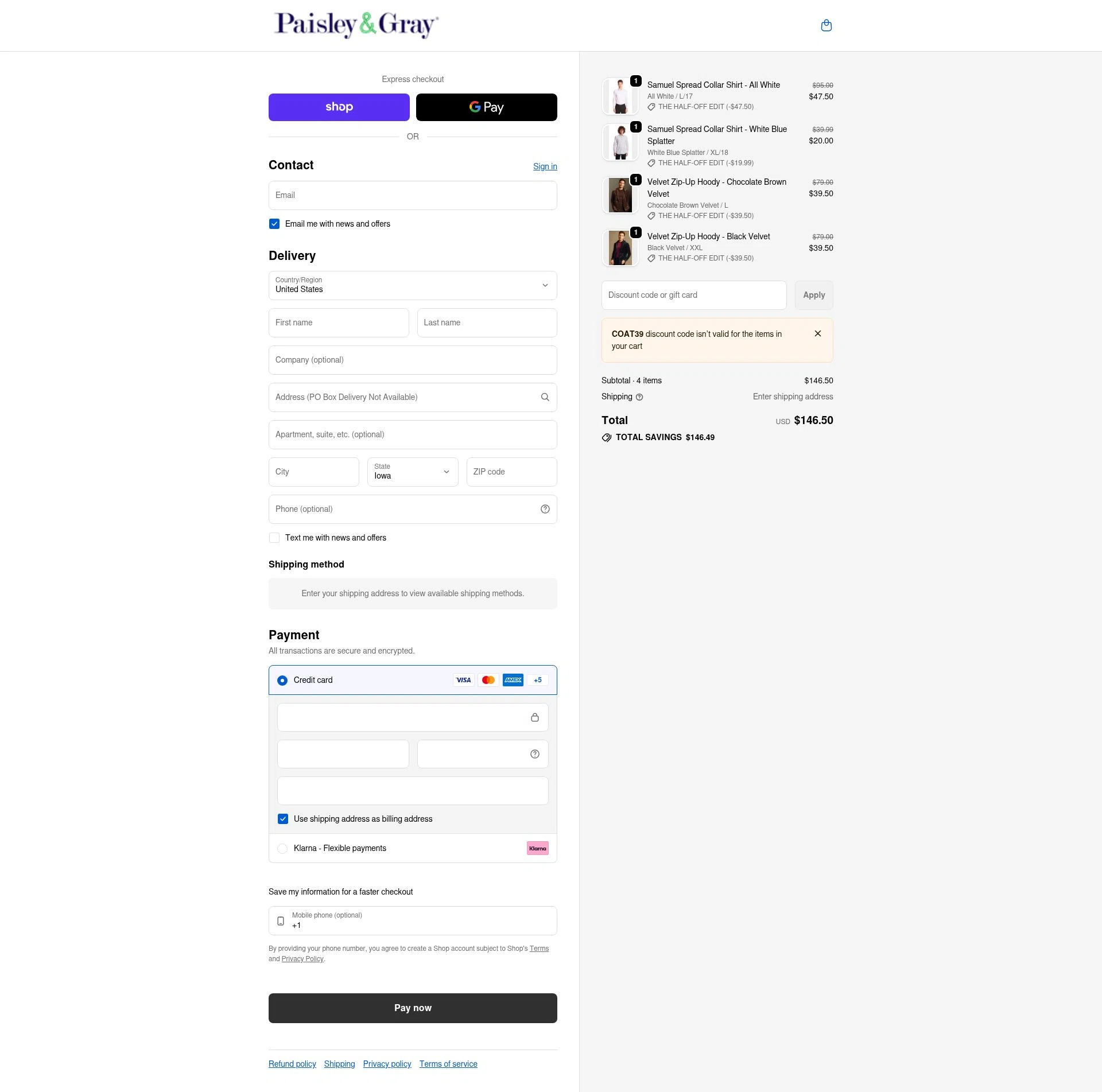 Paisley & Gray checkout page showing Paisley & Gray promo code box | Screenshot taken by SimplyCodes community member on Feb 20, 2026