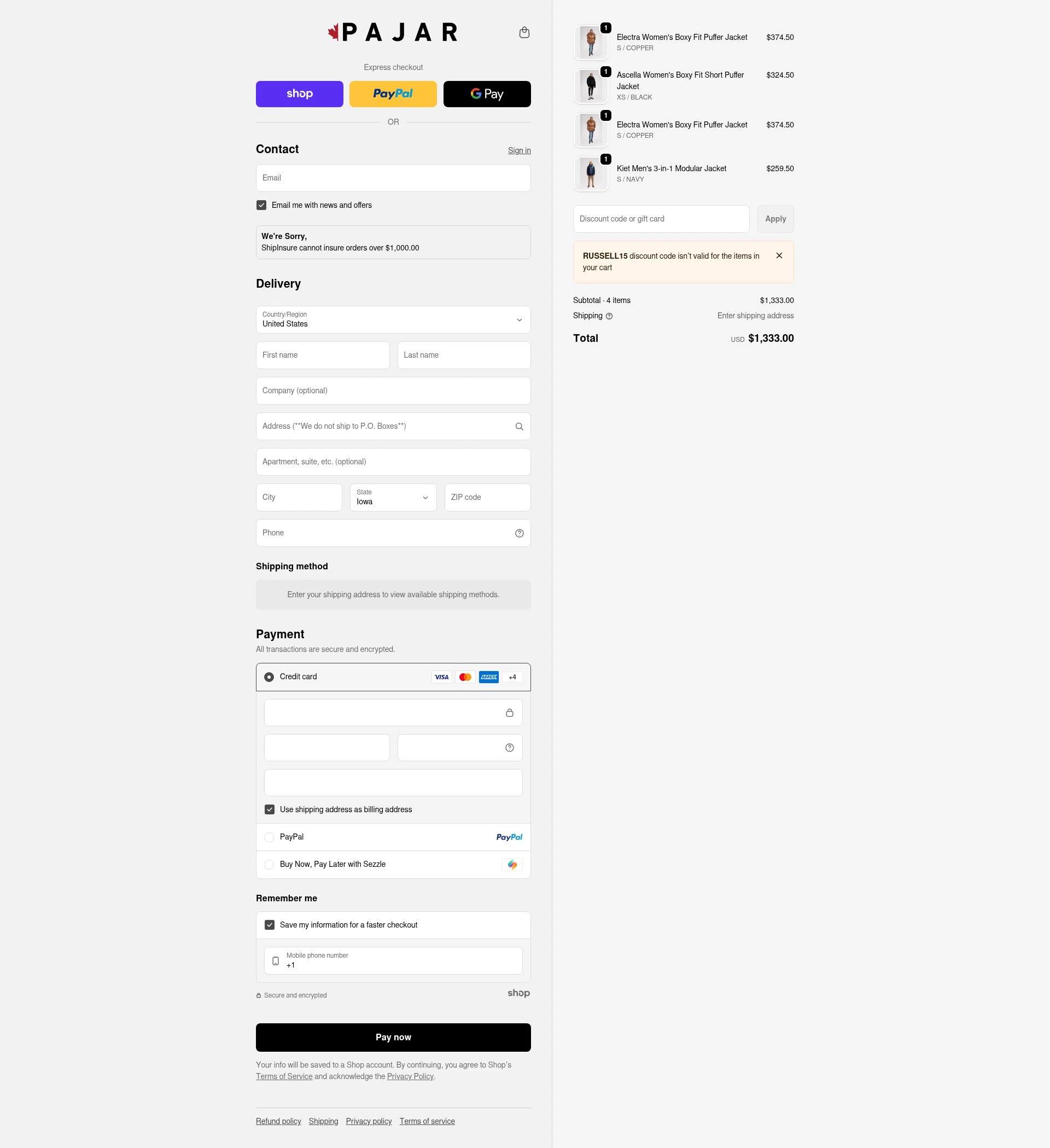 Pajar checkout page showing Pajar discount code box | Screenshot taken by SimplyCodes community member on Jan 24, 2026