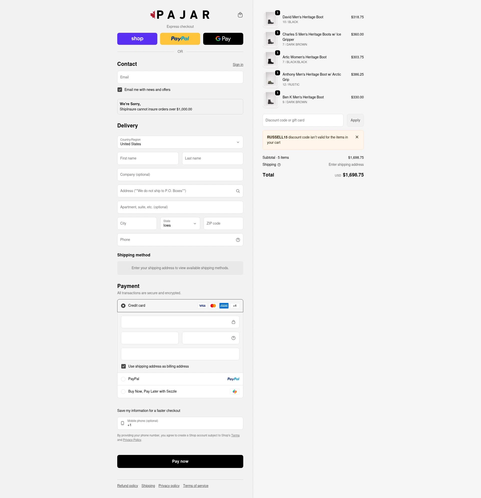 Pajar checkout page showing Pajar discount code box | Screenshot taken by SimplyCodes community member on Feb 10, 2026