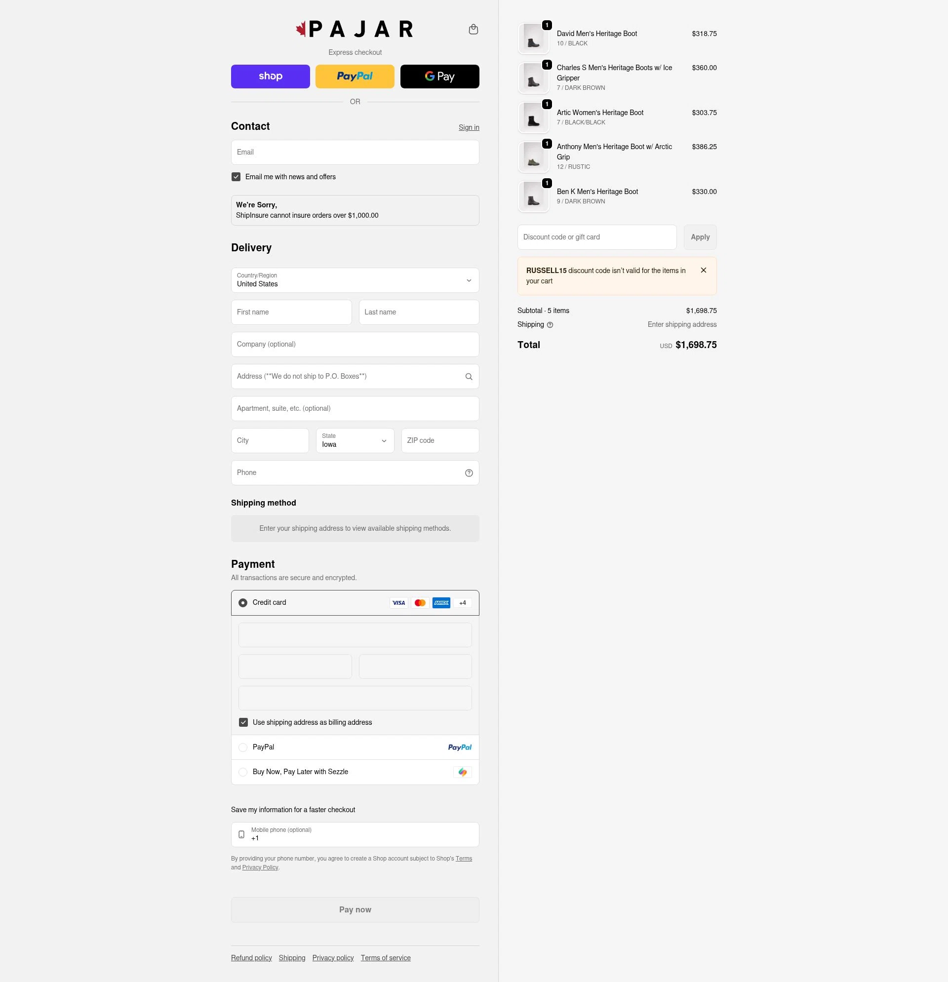 Pajar checkout page showing Pajar discount code box | Screenshot taken by SimplyCodes community member on Feb 13, 2026