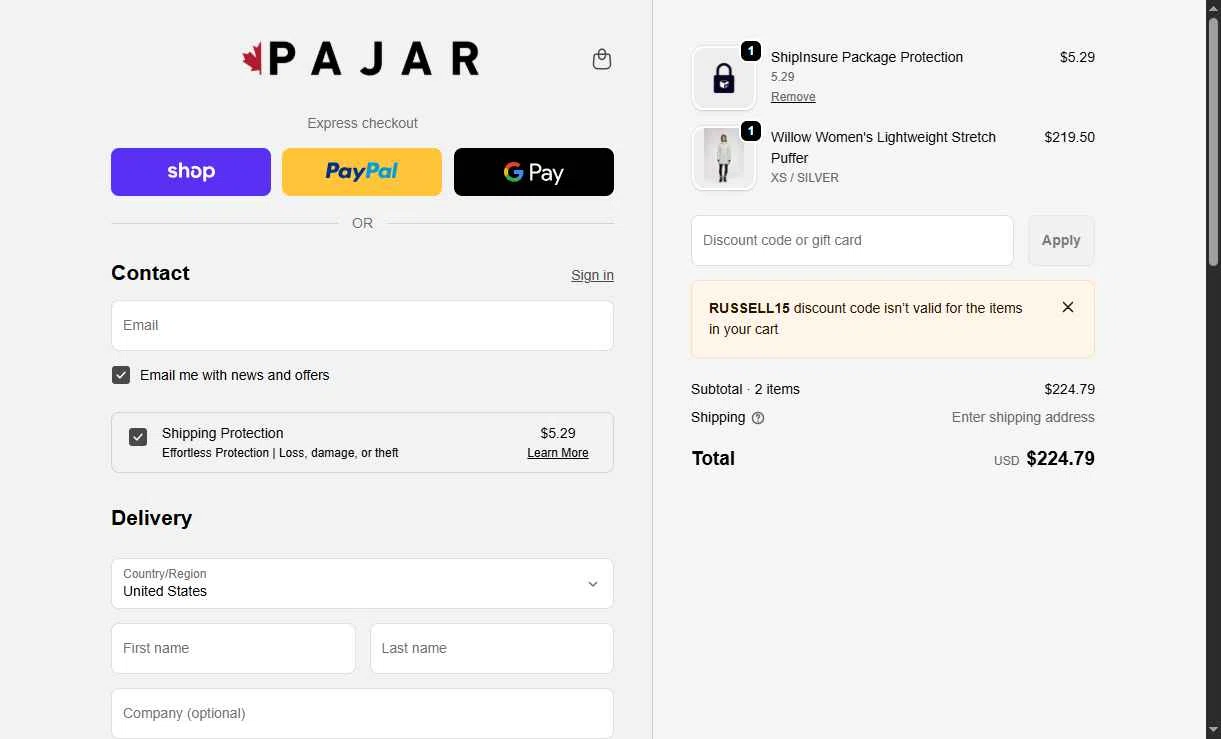 Pajar checkout page showing Pajar discount code box | Screenshot taken by SimplyCodes community member on Jan 26, 2026
