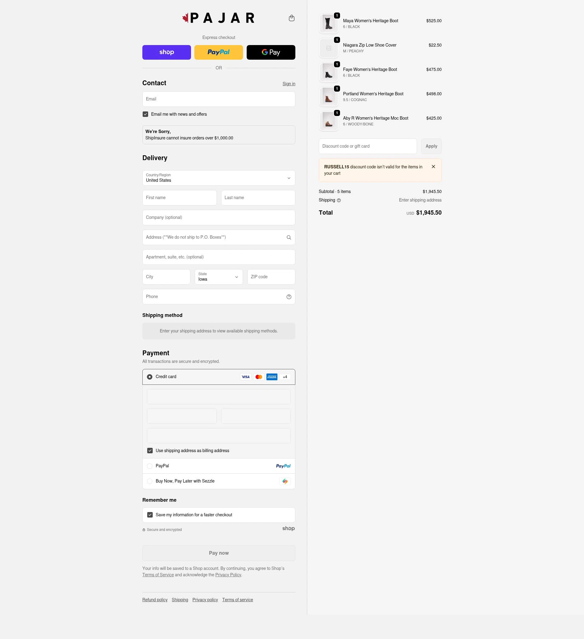 Pajar checkout page showing Pajar discount code box | Screenshot taken by SimplyCodes community member on Jan 29, 2026