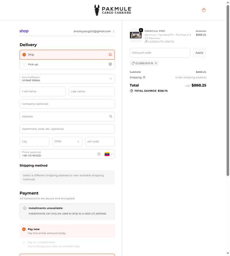 PAKMULE checkout page showing PAKMULE coupon code box | Screenshot taken by SimplyCodes community member on Dec 18, 2025
