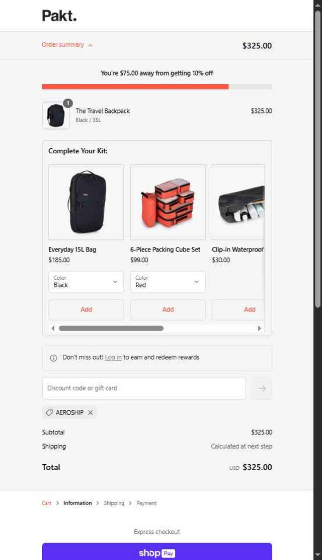 Pakt checkout page showing Pakt discount code box | Screenshot taken by SimplyCodes community member on Jun 18, 2025