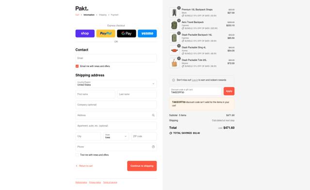 Pakt checkout page showing Pakt discount code box | Screenshot taken by SimplyCodes community member on Sep 12, 2025