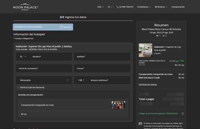 Palace Resorts checkout page showing Palace Resorts promo code box | Screenshot taken by SimplyCodes community member on Aug 6, 2025