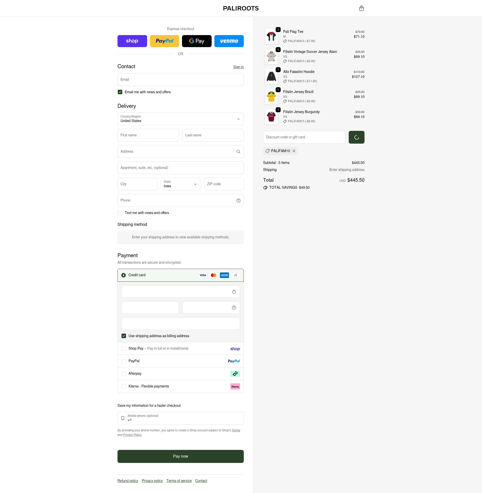 PaliRoots checkout page showing PaliRoots discount code box | Screenshot taken by SimplyCodes community member on Feb 13, 2026