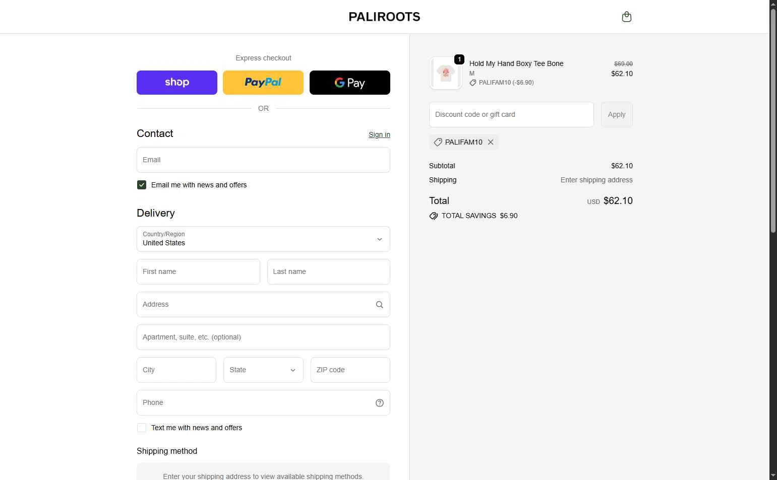 PaliRoots checkout page showing PaliRoots discount code box | Screenshot taken by SimplyCodes community member on Feb 13, 2026