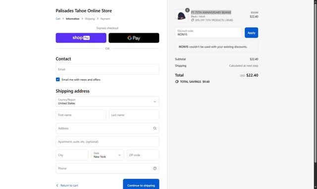 Palisades Tahoe checkout page showing Palisades Tahoe promo code box | Screenshot taken by SimplyCodes community member on Aug 25, 2025