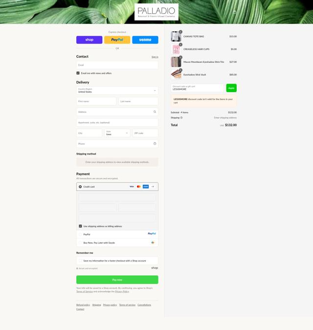 Palladio checkout page showing Palladio discount code box | Screenshot taken by SimplyCodes community member on Sep 14, 2025