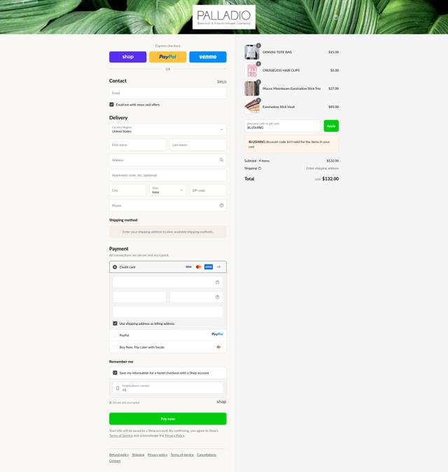 Palladio checkout page showing Palladio discount code box | Screenshot taken by SimplyCodes community member on Sep 14, 2025