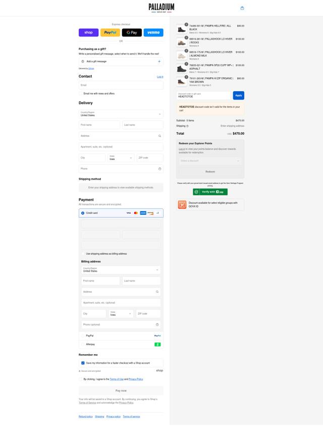 Palladium Boots checkout page showing Palladium Boots discount code box | Screenshot taken by SimplyCodes community member on Sep 8, 2025