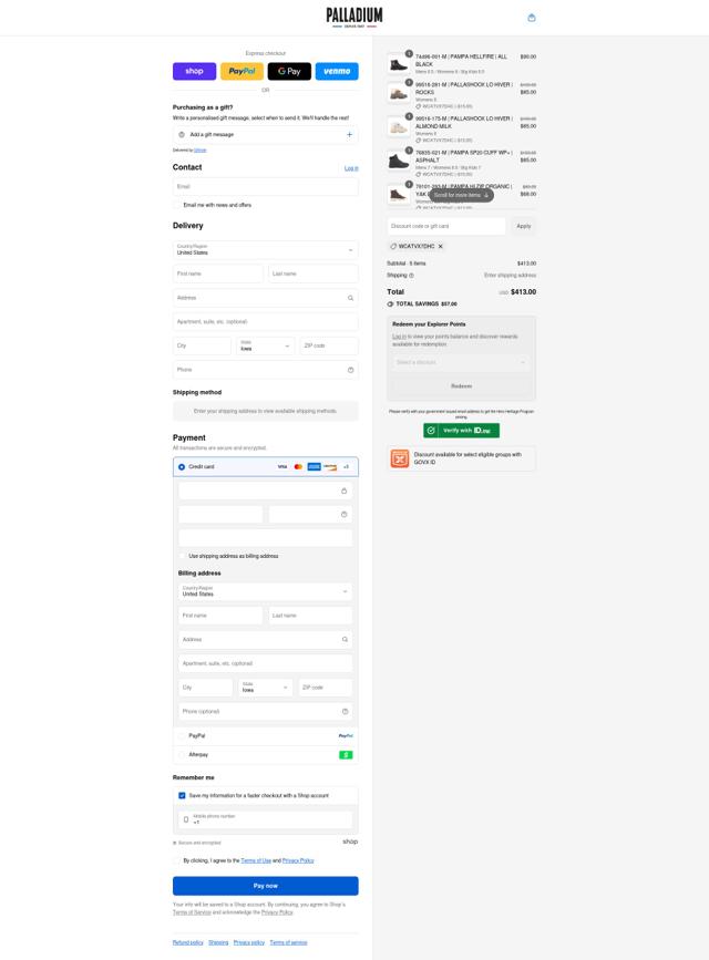 Palladium Boots checkout page showing Palladium Boots discount code box | Screenshot taken by SimplyCodes community member on Sep 8, 2025