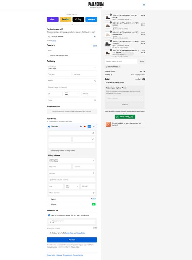 Palladium Boots checkout page showing Palladium Boots discount code box | Screenshot taken by SimplyCodes community member on Sep 15, 2025