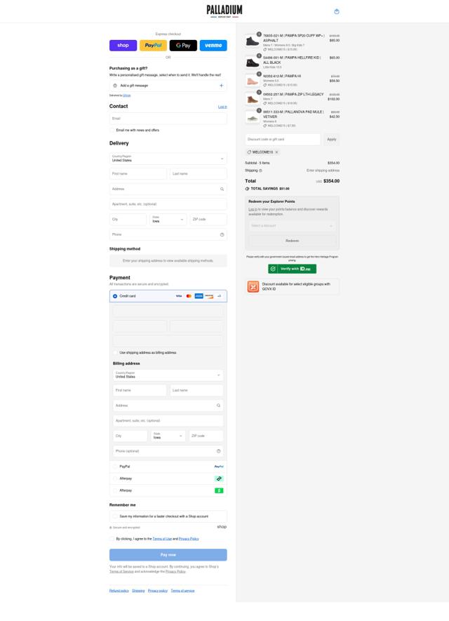 Palladium Boots checkout page showing Palladium Boots discount code box | Screenshot taken by SimplyCodes community member on Sep 3, 2025