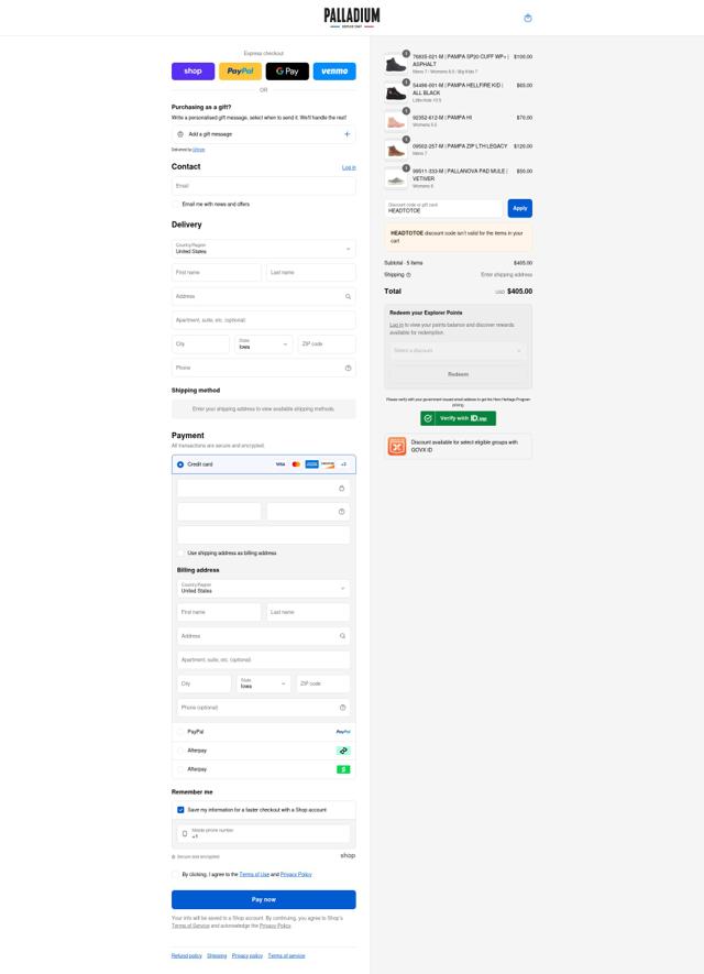 Palladium Boots checkout page showing Palladium Boots discount code box | Screenshot taken by SimplyCodes community member on Sep 3, 2025