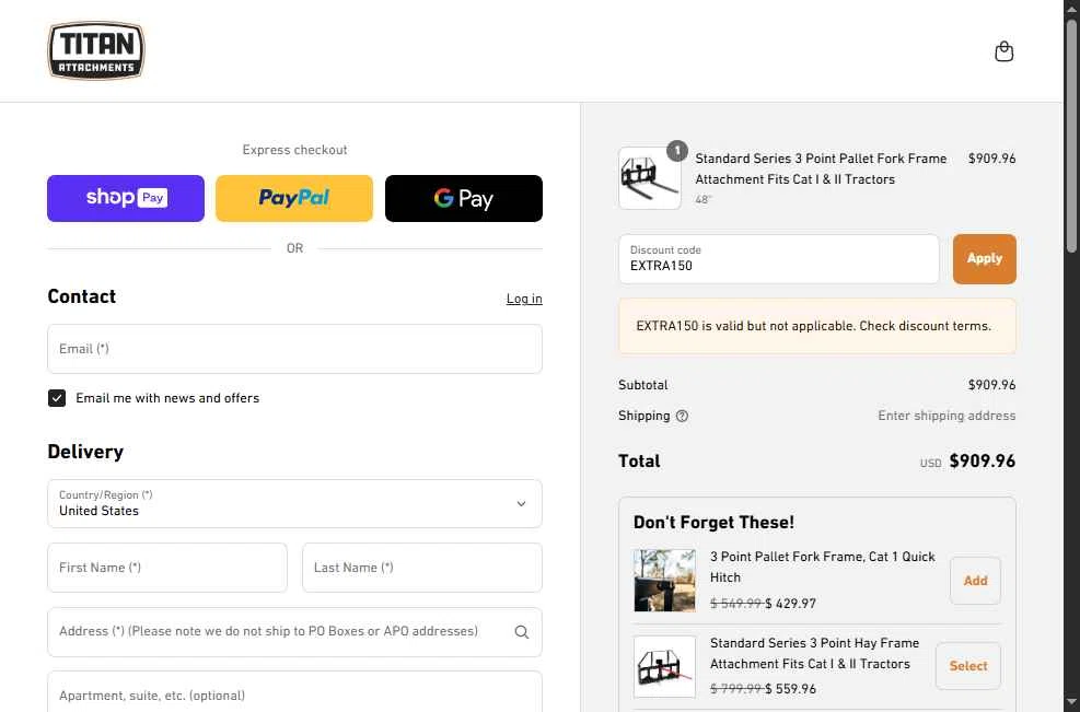 Pallet Forks checkout page showing Pallet Forks promo code box | Screenshot taken by SimplyCodes community member on Jun 27, 2025
