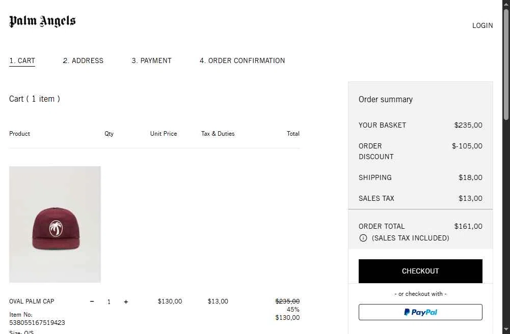 Palm Angels checkout page showing Palm Angels promo code box | Screenshot taken by SimplyCodes community member on Oct 2, 2025
