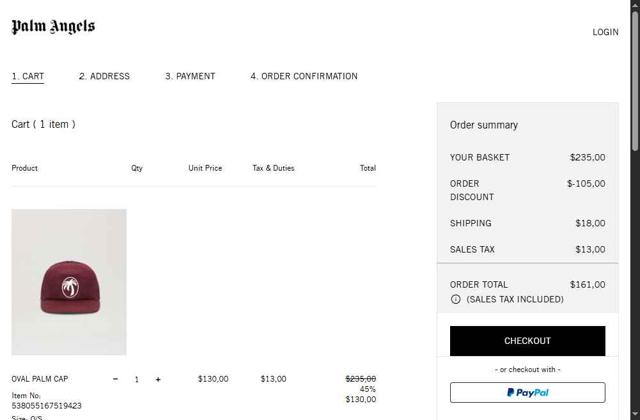 Palm Angels checkout page showing Palm Angels promo code box | Screenshot taken by SimplyCodes community member on Oct 2, 2025