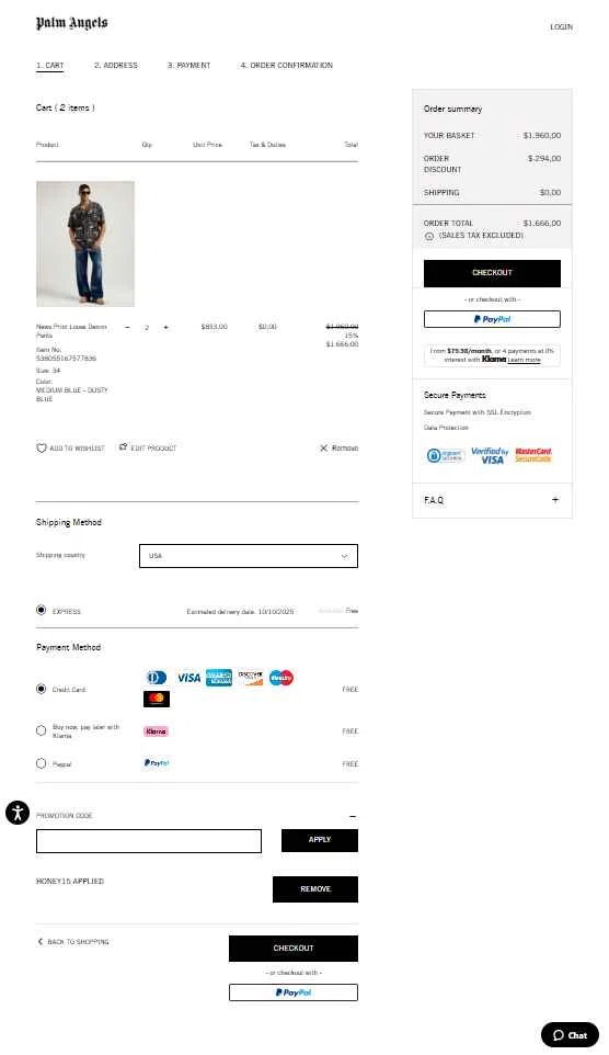 Palm Angels checkout page showing Palm Angels promo code box | Screenshot taken by SimplyCodes community member on Oct 7, 2025