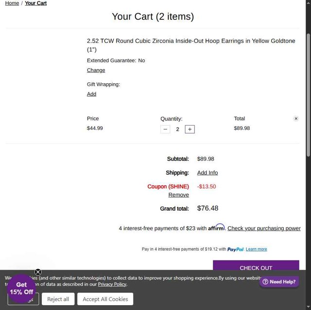 PalmBeach Jewelry checkout page showing PalmBeach Jewelry promo code box | Screenshot taken by SimplyCodes community member on Aug 26, 2025