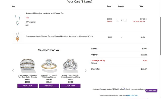 PalmBeach Jewelry checkout page showing PalmBeach Jewelry promo code box | Screenshot taken by SimplyCodes community member on Jul 30, 2025