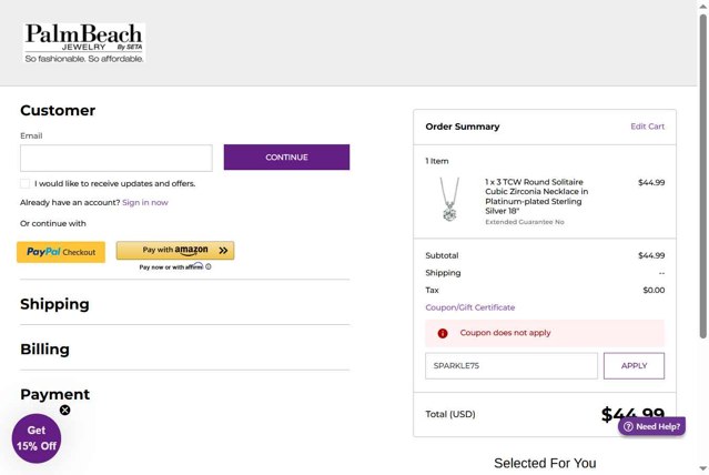 PalmBeach Jewelry checkout page showing PalmBeach Jewelry promo code box | Screenshot taken by SimplyCodes community member on Aug 28, 2025