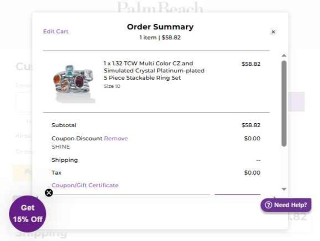 PalmBeach Jewelry checkout page showing PalmBeach Jewelry promo code box | Screenshot taken by SimplyCodes community member on Jul 10, 2025