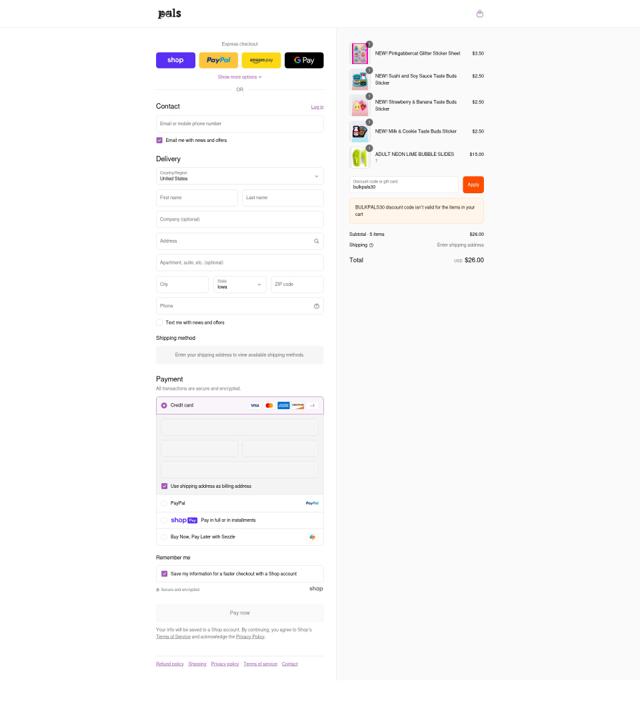 Pals Socks checkout page showing Pals Socks coupon code box | Screenshot taken by SimplyCodes community member on Aug 12, 2025