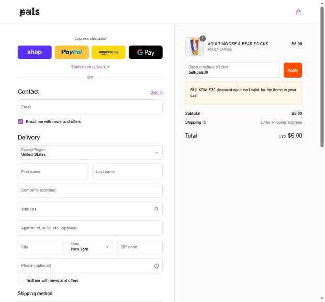 Pals Socks checkout page showing Pals Socks coupon code box | Screenshot taken by SimplyCodes community member on Sep 10, 2025
