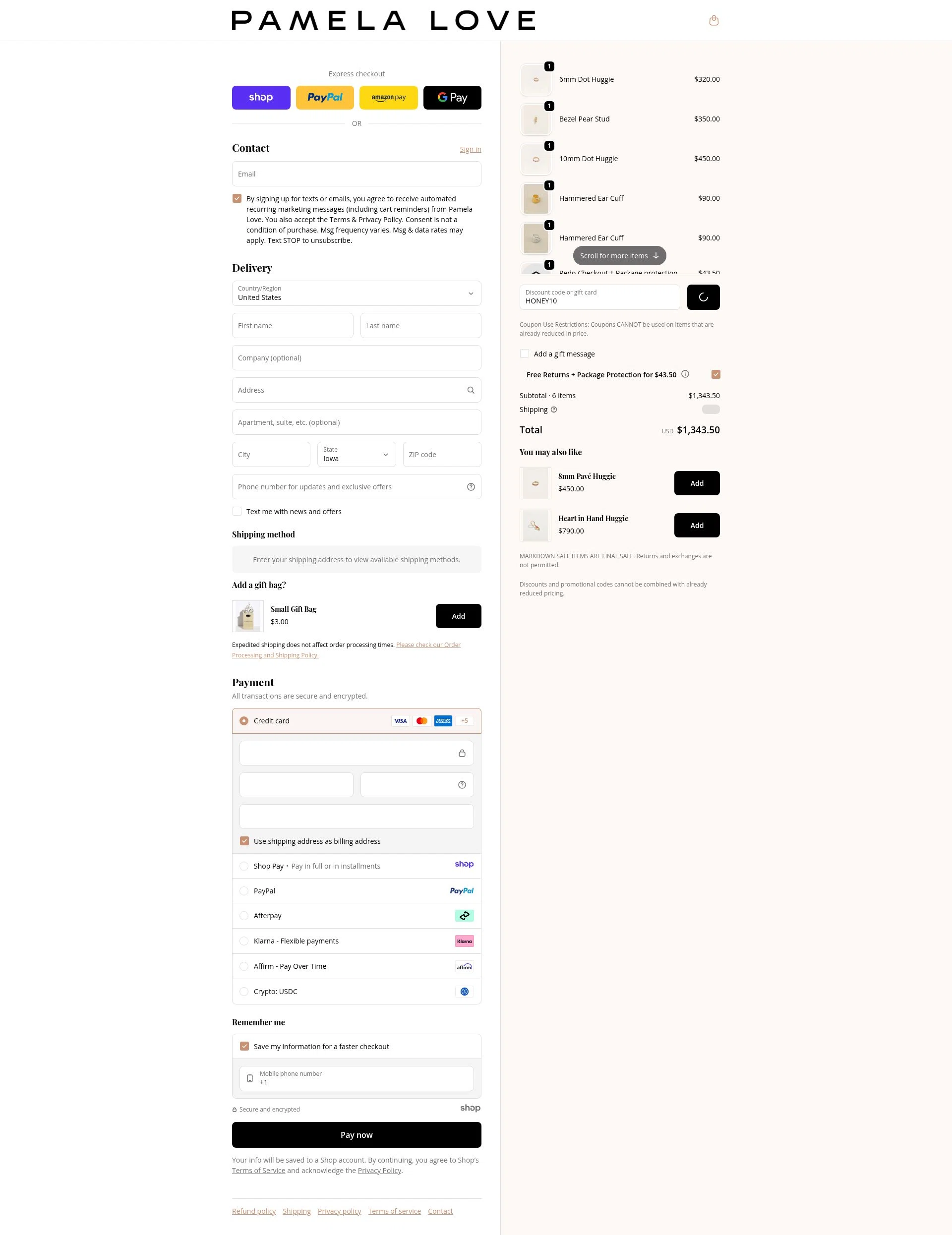 Pamela Love checkout page showing Pamela Love discount code box | Screenshot taken by SimplyCodes community member on Dec 23, 2025