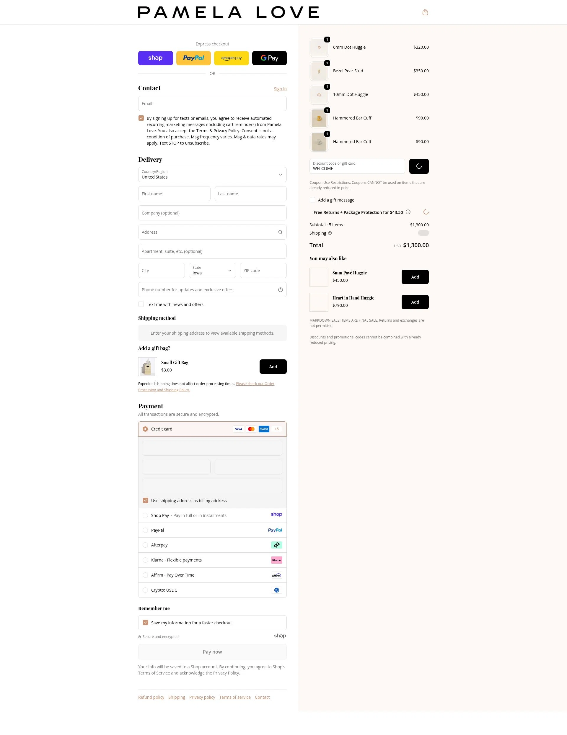 Pamela Love checkout page showing Pamela Love discount code box | Screenshot taken by SimplyCodes community member on Dec 23, 2025