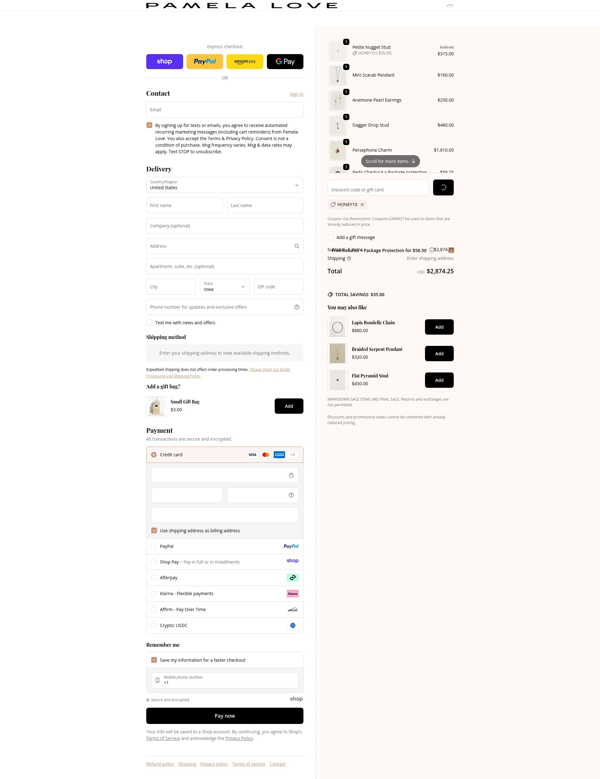 Pamela Love checkout page showing Pamela Love discount code box | Screenshot taken by SimplyCodes community member on Dec 17, 2025