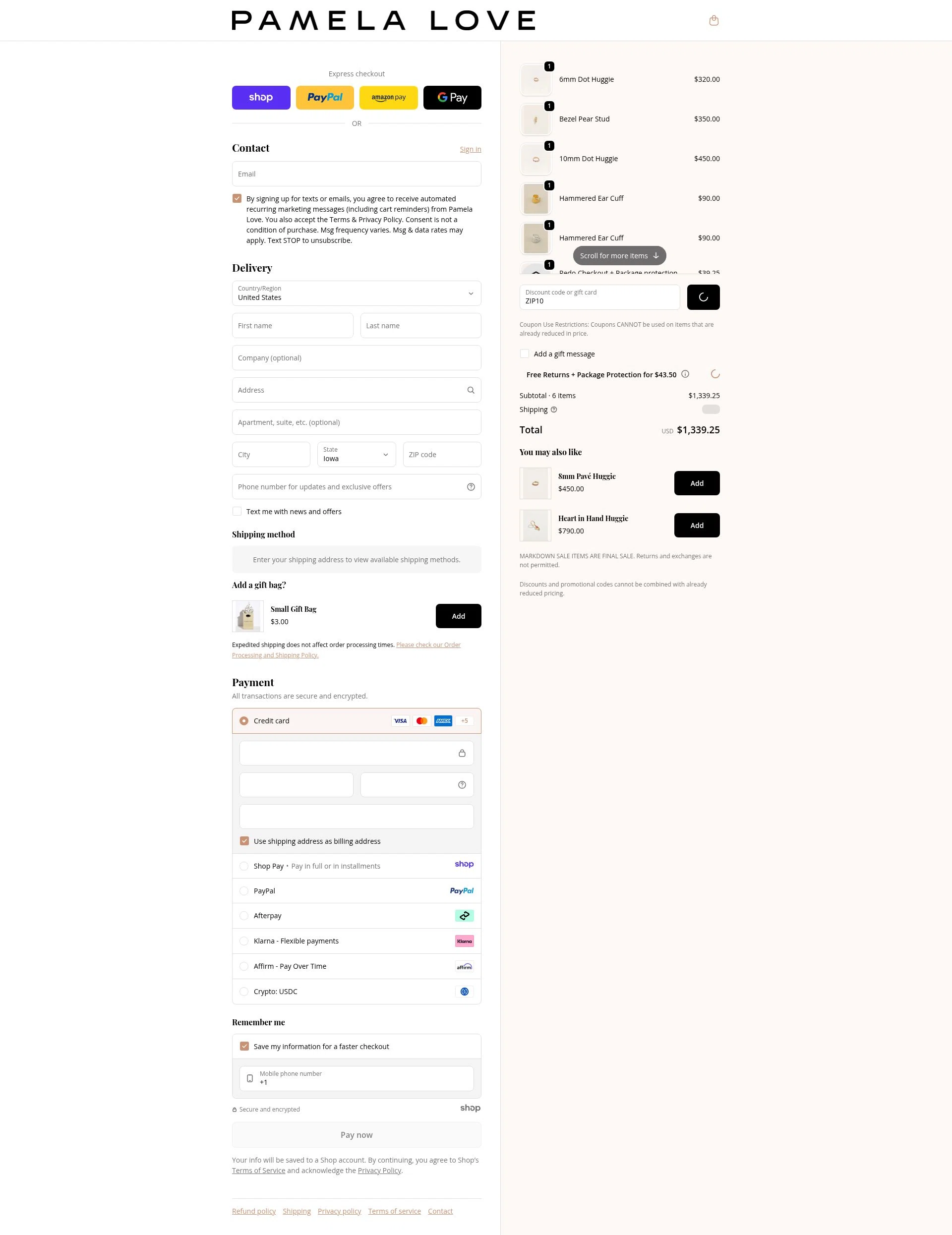 Pamela Love checkout page showing Pamela Love discount code box | Screenshot taken by SimplyCodes community member on Dec 23, 2025
