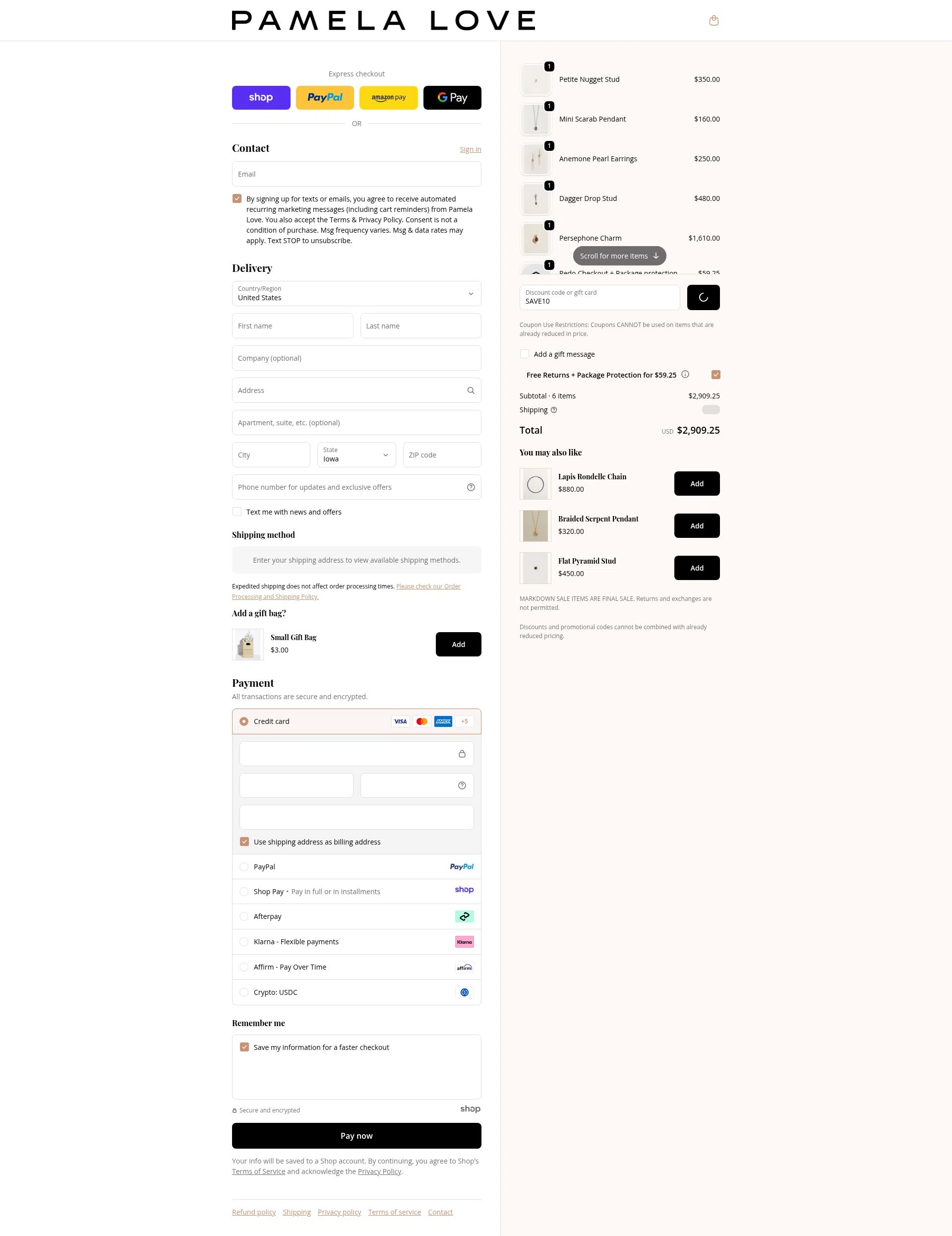 Pamela Love checkout page showing Pamela Love discount code box | Screenshot taken by SimplyCodes community member on Dec 17, 2025